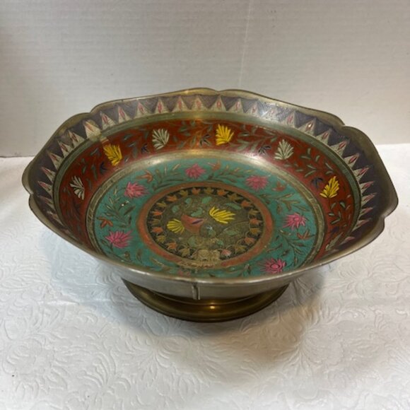VTG Solid Hand Crafted Solid Brass Enameled Bowl Colorful Floral Design 9.25" - Picture 2 of 10